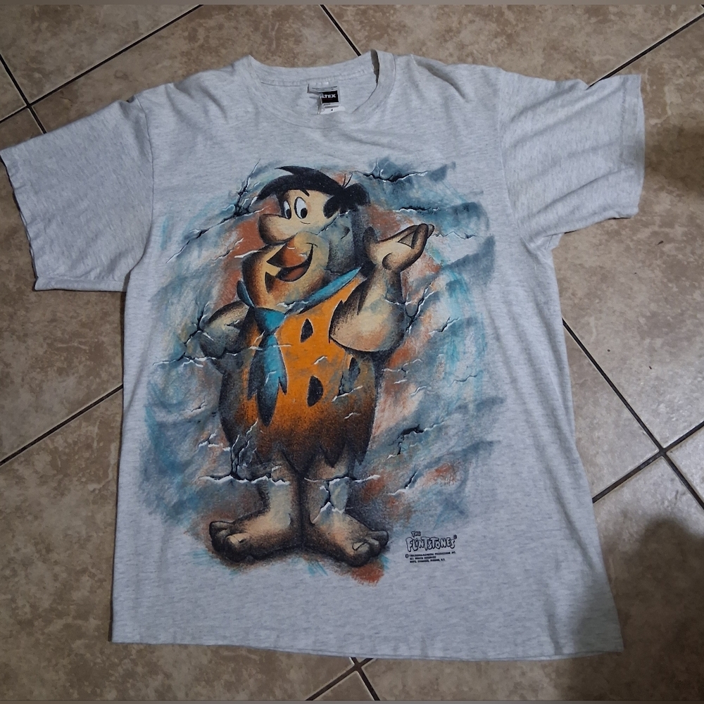 Vintage Gray Flintstones Graphic T-Shirt Double Sided Graphic T Shirt